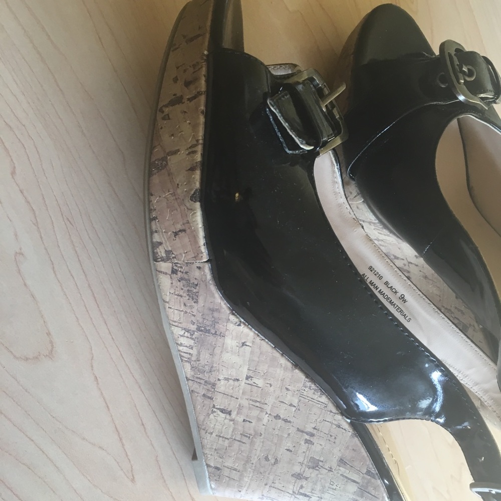 Black patent leather wedges